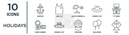 holidays outline icon set such as thin line anchor, beach umbrella, tv table, cowboy hat, balloons, kite, video camera icons for report, presentation, diagram, web design