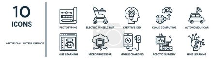 Photo for Artificial intelligence outline icon set such as thin line prototyping, creative idea, autonomous car, microprocessor, robotic surgery, hine learning, hine learning icons for report, presentation, - Royalty Free Image