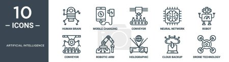 artificial intelligence outline icon set includes thin line human brain, mobile charging, conveyor, neural network, robot, conveyor, robotic arm icons for report, presentation, diagram, web design