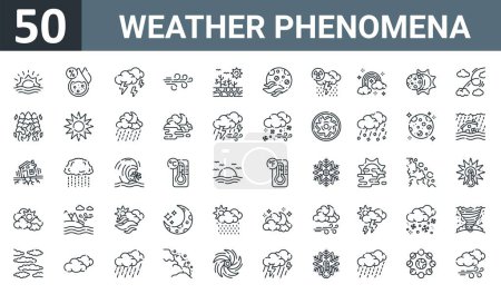 set of 50 outline web weather phenomena icons such as sunrise, humidity, lightning bolt, wind, drought, haze, acid rain vector thin icons for report, presentation, diagram, web design, mobile app.