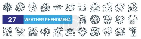 set of 27 outline web weather phenomena icons such as snowflake, haze, rain, foggy, cyclone, acid rain, moon phase, celsius vector thin line icons for web design, mobile app.