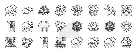 24 Symbole für Webwetterphänomene wie Hagelstein, Wolke, Erdbeben, Dunst, Wirbel, Feuchtigkeit, Lawinenvektorsymbole für Bericht, Präsentation, Diagramm, Webdesign, mobile App