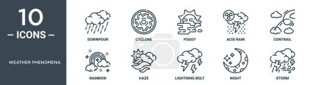 Photo for Weather phenomena outline icon set includes thin line downpour, cyclone, foggy, acid rain, contrail, rainbow, haze icons for report, presentation, diagram, web design - Royalty Free Image