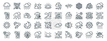 set of 40 outline web weather phenomena collection. icons such as tornado, fahrenheit, sun, acid rain, wildfire, thunder, wind icons for report, presentation, diagram, web design, mobile app