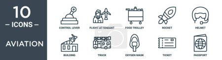 jeu d'icônes de contour de l'aviation comprend levier de commande de ligne mince, agent de bord, chariot alimentaire, fusée, casque, bâtiment, icônes de camion pour rapport, présentation, diagramme, conception Web