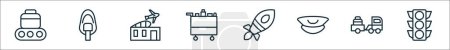 outline set of aviation line icons. linear vector icons such as conveyor, oxygen mask, building, food trolley, rocket, pilot hat, baggage truck, traffic control