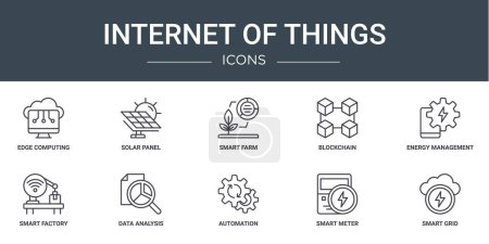 set of 10 outline web internet of things icons such as edge computing, solar panel, smart farm, blockchain, energy management, smart factory, data analysis vector icons for report, presentation,