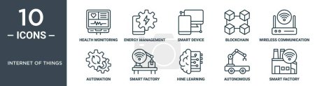 internet of things outline icon set includes thin line health monitoring, energy management, smart device, blockchain, wireless communication, automation, smart factory icons for report,