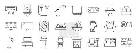 Illustration for Set of 24 outline web furniture icons such as air conditioner, sink, bath tub, floor lamp, blinds, sofa, kitchen vector icons for report, presentation, diagram, web design, mobile app - Royalty Free Image