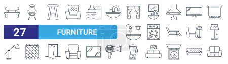 set of 27 outline web furniture icons such as bench, chair, stool, sink, washing hine, carpet, juicer, sofa vector thin line icons for web design, mobile app.