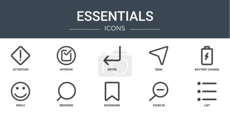 Photo for Set of 10 outline web essentials icons such as attention, approve, enter, send, battery charge, emoji, browser vector icons for report, presentation, diagram, web design, mobile app - Royalty Free Image