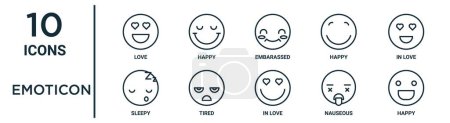 Emoticon Umriss Symbolset wie dünne Linie Liebe, peinlich, verliebt, müde, übel, glücklich, schläfrig Symbole für Bericht, Präsentation, Diagramm, Webdesign
