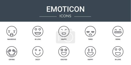 Set von 10 umrissenen Web-Emoticon-Symbolen wie Übelkeit, Verliebtheit, glücklich, müde, gring, weinen, Schwindel erregende Vektor-Symbole für Bericht, Präsentation, Diagramm, Webdesign, mobile App