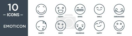 Emoticon umreißt Symbolset enthält dünne Linie glücklich, glücklich, gring, smile, peinlich, schläfrig, schwindelig Symbole für Bericht, Präsentation, Diagramm, Webdesign
