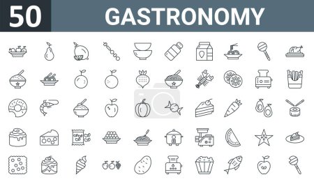 Set von 50 umrissenen Web-Gastronomie-Symbolen wie Obst, Birne, Zitrone, Spieß, Schalen, Salz, Milchkartonvektor dünne Symbole für Bericht, Präsentation, Diagramm, Webdesign, mobile App.