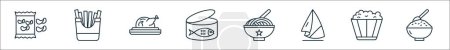 Téléchargez les illustrations : Contour ensemble d'icônes de la ligne de gastronomie. icônes vectorielles linéaires telles que chips, feux français, dinde, thon, spaghetti, serviette, maïs soufflé, bol de riz - en licence libre de droit