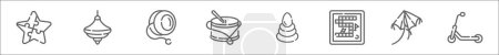 Ilustración de Esquema conjunto de iconos de línea de juguetes. iconos de vectores lineales como puzzles, spinning top, yoyo, juguete, pirámide, juego de mesa, cometa, scooter - Imagen libre de derechos