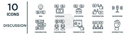 Illustration for Discussion outline icon set such as thin line idea, discussion, microphone, conversation, discussion, interruption, conversation icons for report, presentation, diagram, web design - Royalty Free Image