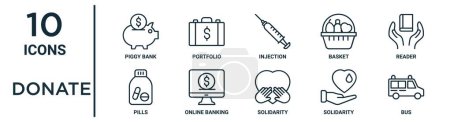 donate outline icon set such as thin line piggy bank, injection, reader, online banking, solidarity, bus, pills icons for report, presentation, diagram, web design