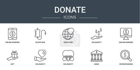 Illustration for Set of 10 outline web donate icons such as online banking, blood bag, earth day, solidarity, online banking, gift, solidarity vector icons for report, presentation, diagram, web design, mobile app - Royalty Free Image