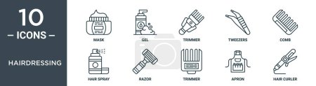 conjunto de iconos de esquema de peluquería incluye máscara de línea delgada, gel, trimmer, pinzas, peine, spray para el cabello, iconos de afeitar para el informe, presentación, diagrama, diseño web