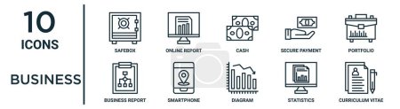 Business Outline Icon Set wie Thin Line Safebox, Bargeld, Portfolio, Smartphone, Statistik, Lebenslauf, Business Report Icons für Bericht, Präsentation, Diagramm, Webdesign