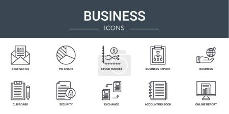 set of 10 outline web business icons such as statisctics, pie chart, stock market, business report, business, clipboard, security vector icons for report, presentation, diagram, web design, mobile