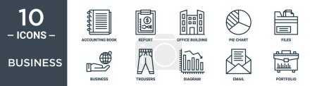 business outline icon set includes thin line accounting book, report, office building, pie chart, files, business, trousers icons for report, presentation, diagram, web design