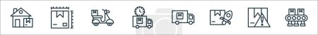outline set of delivery logistics line icons. linear vector icons such as home delivery, parcel size, motorbike, delivery schedule, drop shipping, free warning, conveyor belt