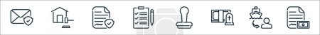 Ilustración de Esquema conjunto de iconos de línea de herencia. iconos vectoriales lineales como sobre, mazo, voluntad, portapapeles, sello, herencia, yate, último testamento - Imagen libre de derechos