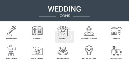 set of 10 outline web wedding icons such as microphone, holy bible, gift box, wedding location, make up, video camera, photo camera vector icons for report, presentation, diagram, web design, mobile
