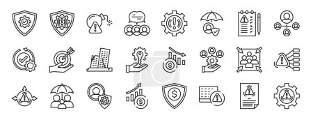 set of 24 outline web crisis management icons such as security, defense, threat, feedback, crisis management, insurance, assessment vector icons for report, presentation, diagram, web design, mobile