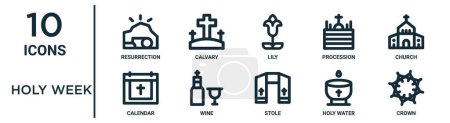 holy week outline icon set such as thin line resurrection, lily, church, wine, holy water, crown, calendar icons for report, presentation, diagram, web design