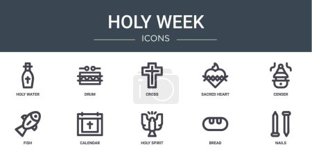 set of 10 outline web holy week icons such as holy water, drum, cross, sacred heart, censer, fish, calendar vector icons for report, presentation, diagram, web design, mobile app