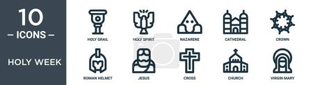 Illustration for Holy week outline icon set includes thin line holy grail, holy spirit, nazarene, cathedral, crown, roman helmet, jesus icons for report, presentation, diagram, web design - Royalty Free Image