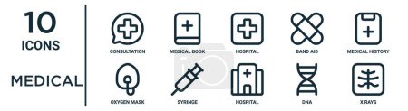 Ensemble d'icônes de contour médical telles que consultation en ligne mince, hôpital, antécédents médicaux, seringue, ADN, rayons X, icônes de masque à oxygène pour rapport, présentation, diagramme, conception Web
