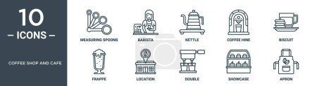 coffee shop and cafe outline icon set includes thin line measuring spoons, barista, kettle, coffee hine, biscuit, frappe, location icons for report, presentation, diagram, web design