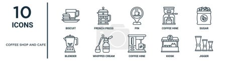 Coffeeshop und Café umreißen Symbolset wie dünne Linie Keks, Stecknadel, Zucker, Schlagsahne, Kiosk, Rührgerät, Mixer-Symbole für Bericht, Präsentation, Diagramm, Webdesign