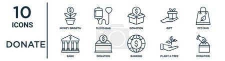 spenden Umrisse Icon-Set wie dünne Linie Geldwachstum, Spende, Öko-Tasche, Spende, einen Baum pflanzen, Spende, Bank-Symbole für Bericht, Präsentation, Diagramm, Web-Design