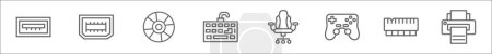 outline set of computer and hardware line icons. linear vector icons such as usb port, hdmi port, cd, keyboard, chair, gamepad, ram, printer