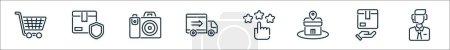 outline set of shopping and ecommerce line icons. linear vector icons such as shopping cart, delivery protection, camera, delivery truck, rating, store, delivery, customer agent