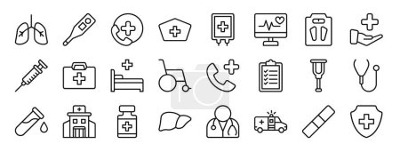 set of 24 outline web hospital icons such as lungs, temperature, hospital phone, nurse, infuse, heart rate, weight scale vector icons for report, presentation, diagram, web design, mobile app