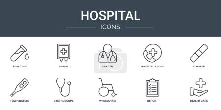 set of 10 outline web hospital icons such as test tube, infuse, doctor, hospital phone, plaster, temperature, stethoscope vector icons for report, presentation, diagram, web design, mobile app