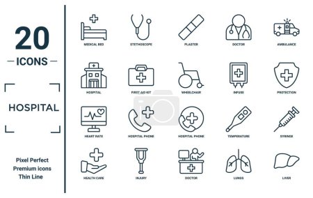 Krankenhaus linearen Symbolsatz. beinhaltet dünnes medizinisches Bett, Krankenhaus, Herzfrequenz, Gesundheitsfürsorge, Leber, Rollstuhl, Spritzensymbole für Bericht, Präsentation, Diagramm, Webdesign