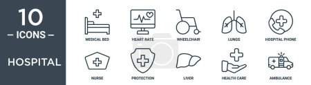 Krankenhaussymbolset umfasst dünnes medizinisches Bett, Herzfrequenz, Rollstuhl, Lunge, Krankenhaustelefon, Krankenschwester, Schutzsymbole für Bericht, Präsentation, Diagramm, Webdesign