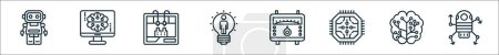 outline set of artificial intelligence line icons. linear vector icons such as robot, ai knowledge, d printer, creative mind, temperature control, microprocessor, brain, human brain
