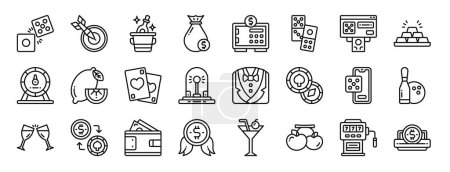 set of 24 outline web casino icons such as dices, dart, champagne, money bag, safebox, domino, online betting vector icons for report, presentation, diagram, web design, mobile app