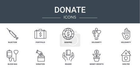 set of 10 outline web donate icons such as injection, portfolio, banking, solidarity, solidarity, blood bag, donation vector icons for report, presentation, diagram, web design, mobile app