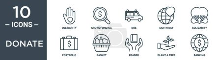 donate outline icon set includes thin line solidarity, crowdfunding, bus, earth day, solidarity, portfolio, basket icons for report, presentation, diagram, web design