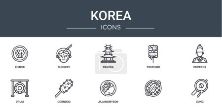 Satz von 10 umrissenen Web-Korea-Symbolen wie Kimchi, Chirurgie, Pagode, Tokbokki, Kaiser, Trommel, Corndog-Vektor-Symbole für Bericht, Präsentation, Diagramm, Webdesign, mobile App